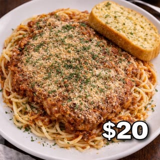 Spaghetti with Meat Sauce & a warm garlic bread 